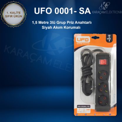 UFO 1,5 Metre Akım Korumalı Anahtarlı  Siyah 3lü Grup Priz  resmi